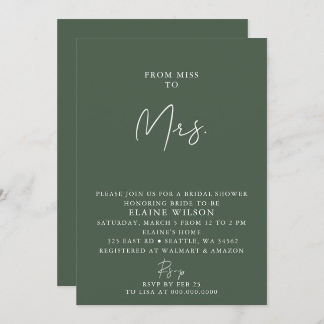 Green Simple Elegant Modern Bridal Shower  Invitation (Front/Back)