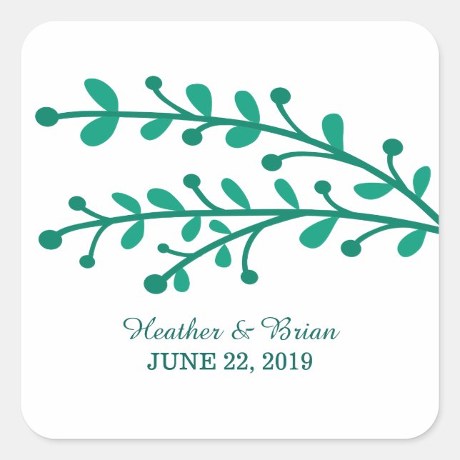 Green Simple Foliage Wedding Square Sticker (Front)