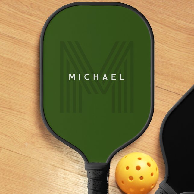 Green Simple Modern Name Monogram Pickleball Paddle (dark green monogram pickleball paddle)