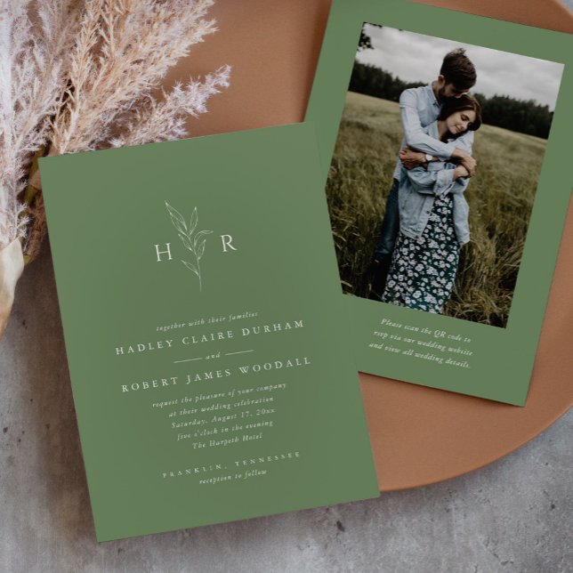 Green Simple Monogram QR Code Photo Wedding Invitation (Creator Uploaded)