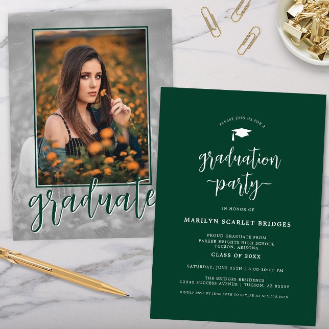 Green Single Photo Script Graduation Invitation (green modern simple script graduation party invitation with photo for high school college grad party)