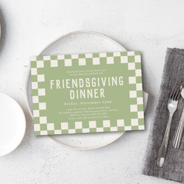 Green Skater Chequerboard Friendsgiving Dinner Invitation (Creator Uploaded)