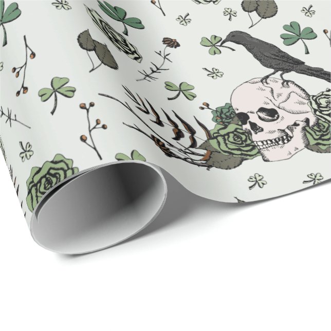 Green Skull and Roses Pattern St Patricks Day Goth Wrapping Paper (Roll Corner)