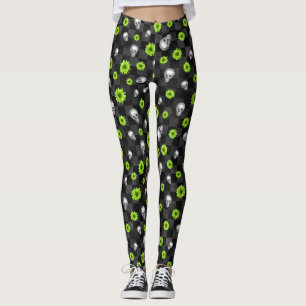 Green Skulls and Sunflower Series Design 10  Leggings