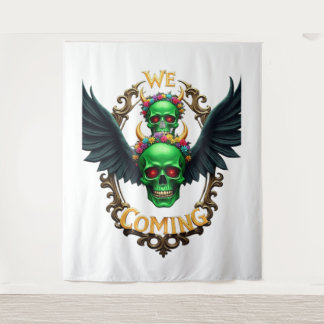 Green Skulls with Black Wings and Floral Crown in Tapestry