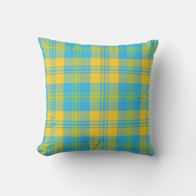 Green, Sky Blue, Yellow Plaid Pattern Cushion (Front)