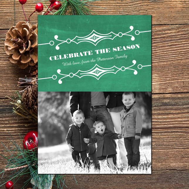Green Slanted Chalkboard Holiday Photo Flat Card (Green Slanted Chalkboard Holiday Photo Card)