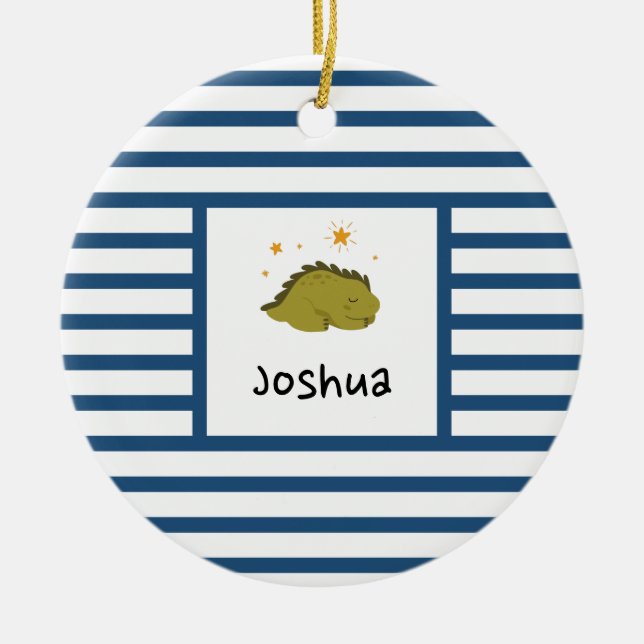 Green Sleepy Baby Dino | Dark Blue Stripe Modern Ceramic Tree Decoration (Front)