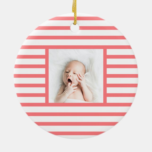 Green Sleepy Baby Dino | Pink Stripe Modern Ceramic Tree Decoration (Back)