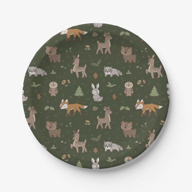 Green Sleepy Little Woodland Critters Paper Plate (Front)