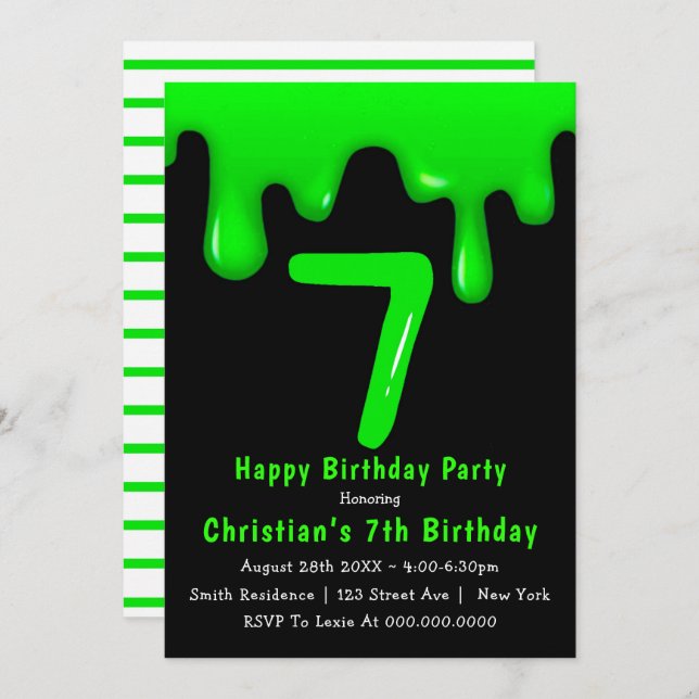 Green Slime 7th Birthday Invitations (Front/Back)