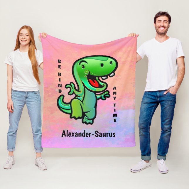 Green Smiling Dinosaur Be Kind Child Personalise Fleece Blanket (In Situ)