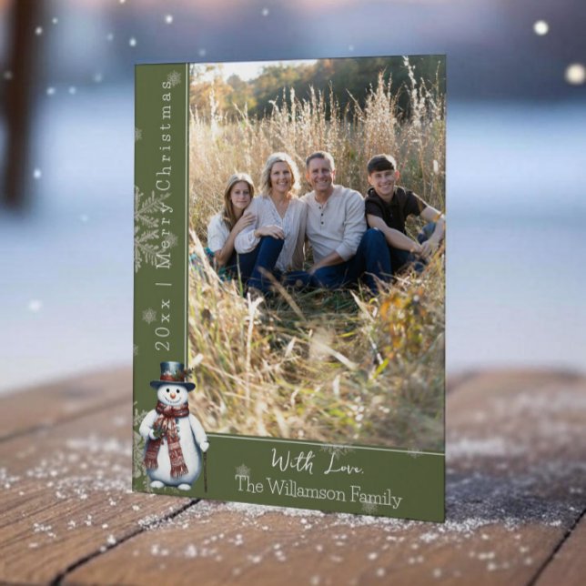 Green Smiling Snowman Photo Holiday Card (Green Smiling Snowman Holiday Photo Card)