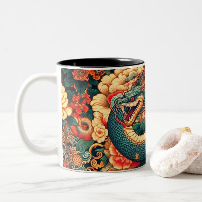 Green snake flowers Two-Tone coffee mug (With Donut)