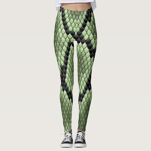 Green Snake Scales Pattern Reptile Texture Graphic Leggings (Front)