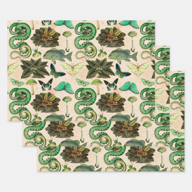 Green Snakes Fish and Butterfly Wrapping Paper Sheet (Set)