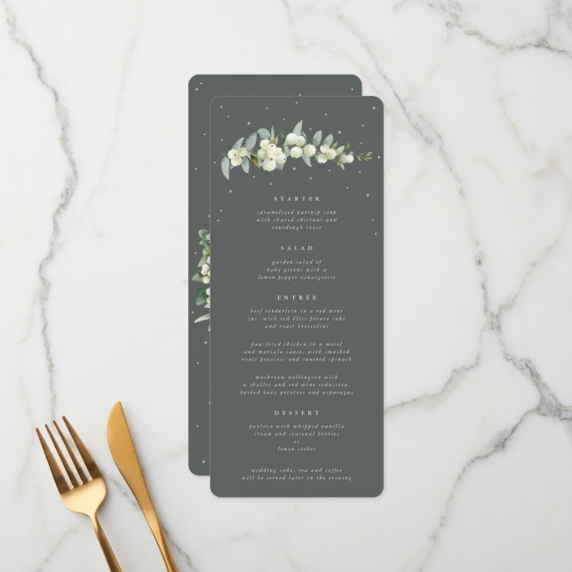 Green Snowberry+Eucalyptus 4 Course Wedding Flat Menu (Front/Back In Situ)