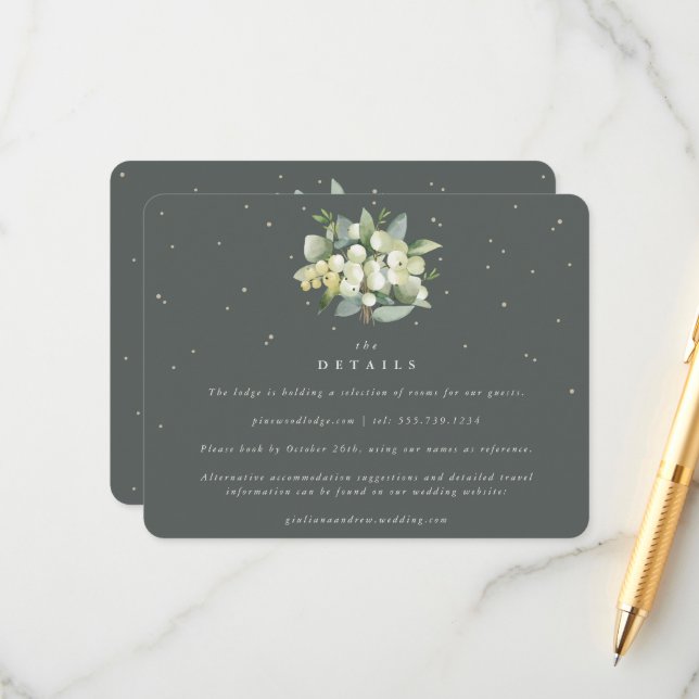 Green Snowberry+Eucalyptus Bouquet Wedding Details Enclosure Card (Front/Back In Situ)