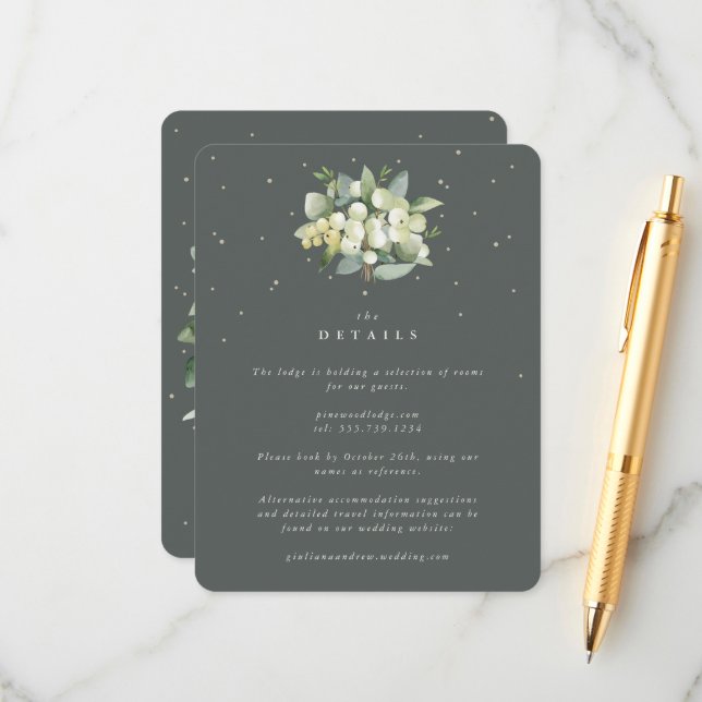 Green Snowberry+Eucalyptus Bouquet Wedding Details Enclosure Card (Front/Back In Situ)