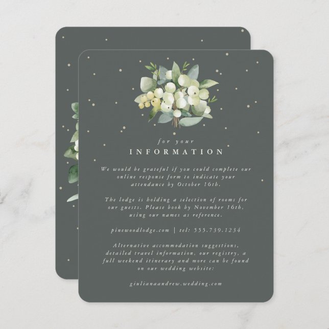 Green Snowberry+Eucalyptus Bouquet Wedding Info Enclosure Card (Front/Back)
