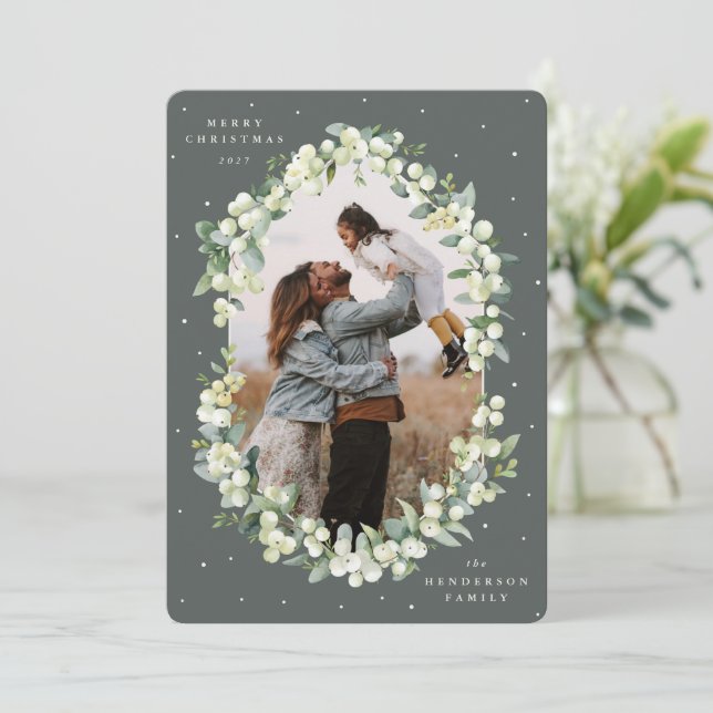 Green Snowberry+Eucalyptus Christmas Photo Holiday Card (Standing Front)