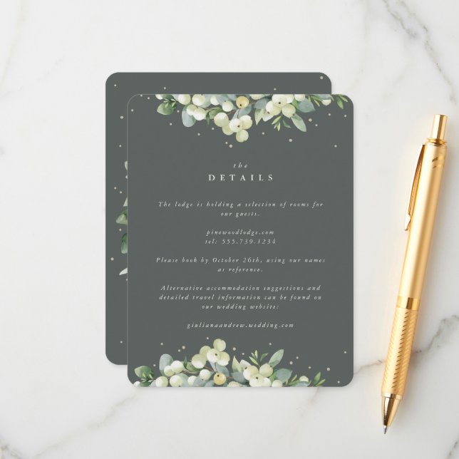 Green Snowberry+Eucalyptus Edged Wedding Details Enclosure Card (Front/Back In Situ)