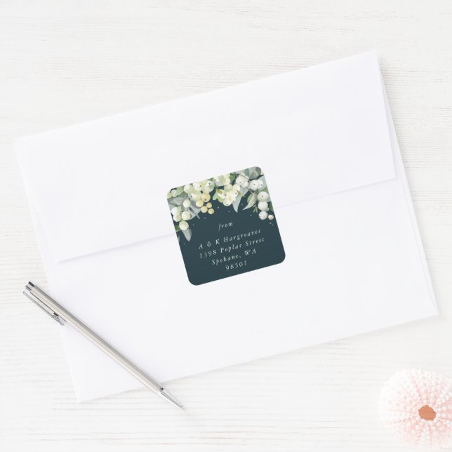 Green Snowberry+Eucalyptus Holiday Address Classic Square Sticker (Envelope)