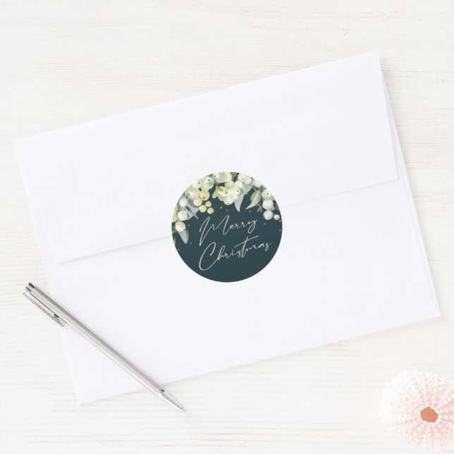 Green Snowberry+Eucalyptus Merry Christmas Holiday Classic Round Sticker (Envelope)