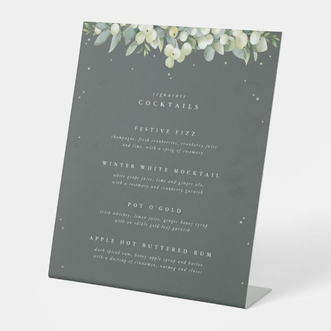 Green Snowberry+Eucalyptus Wedding Drinks Menu Pedestal Sign (Front)