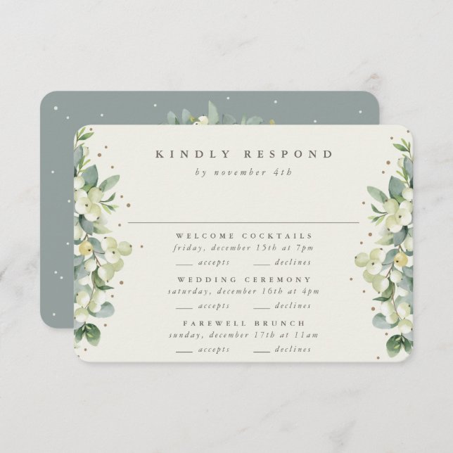 Green Snowberry+Eucalyptus Wedding Multi-Event RSVP Card (Front/Back)