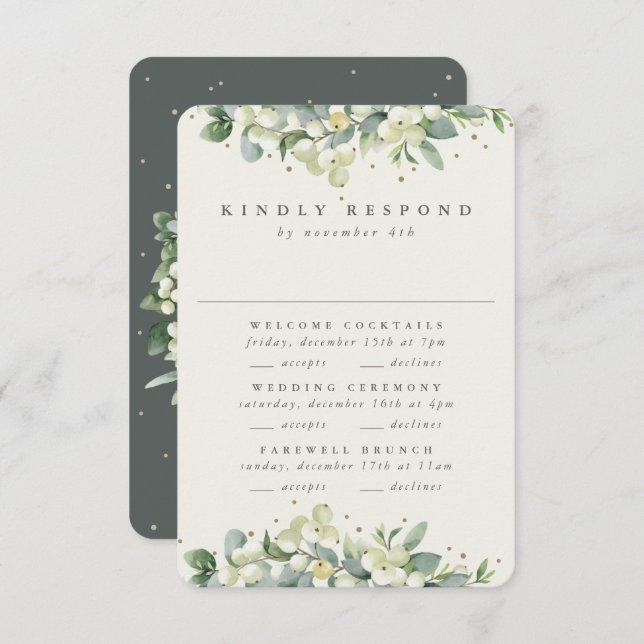 Green Snowberry+Eucalyptus Wedding Multi-Event RSVP Card (Front/Back)