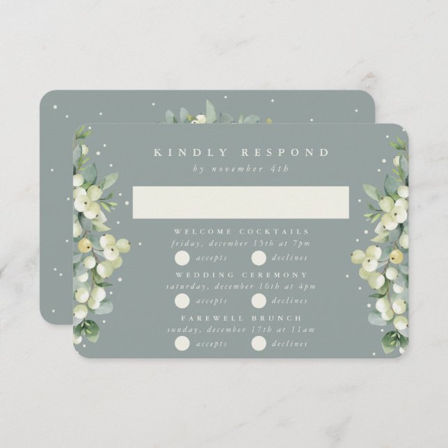 Green Snowberry+Eucalyptus Wedding Multi-Event RSVP Card (Front/Back)