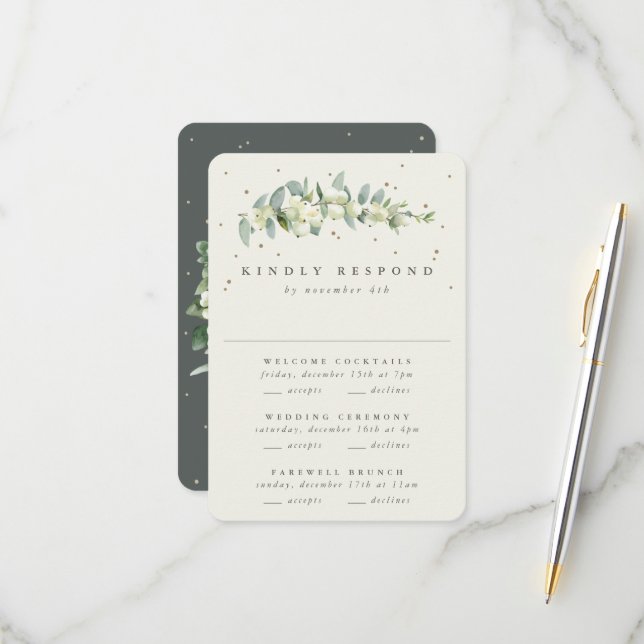 Green Snowberry+Eucalyptus Wedding Multi-Event RSVP Card (Front/Back In Situ)