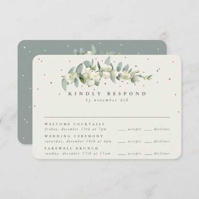 Green Snowberry+Eucalyptus Wedding Multi-Event RSVP Card (Front/Back)