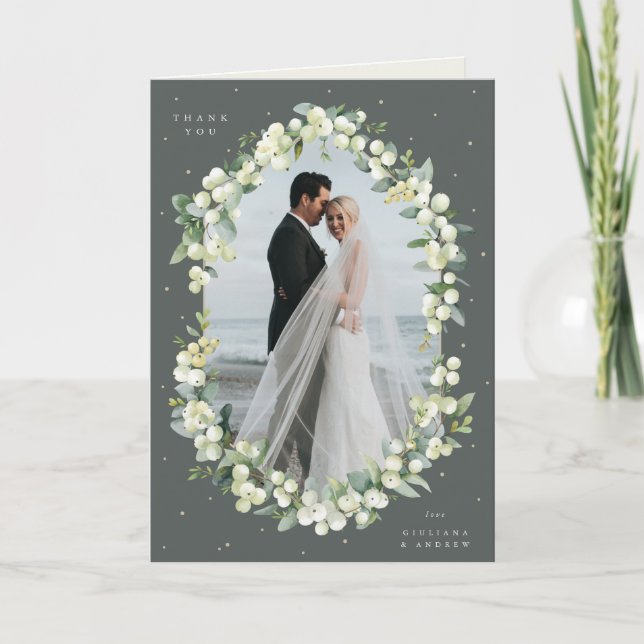 Green Snowberry+Eucalyptus Wedding Photo Folded Thank You Card (Front)