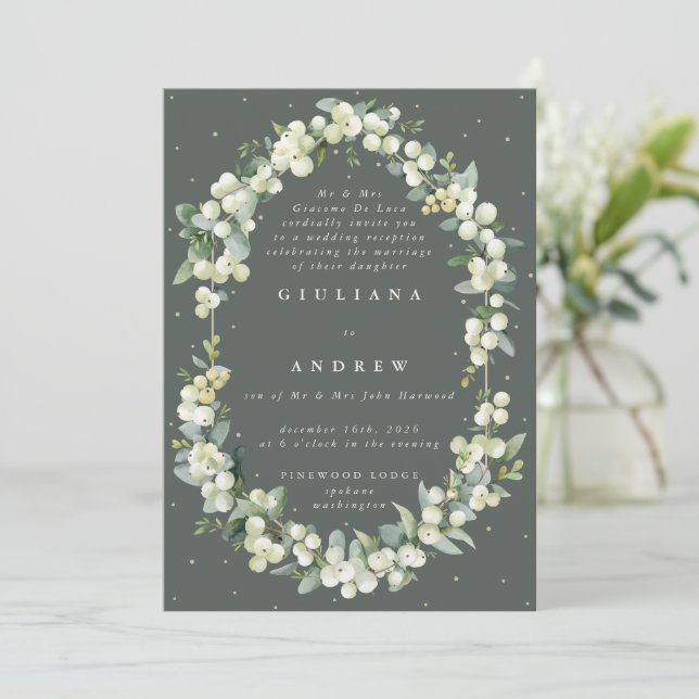Green Snowberry+Eucalyptus Wedding Reception Only Invitation (Standing Front)