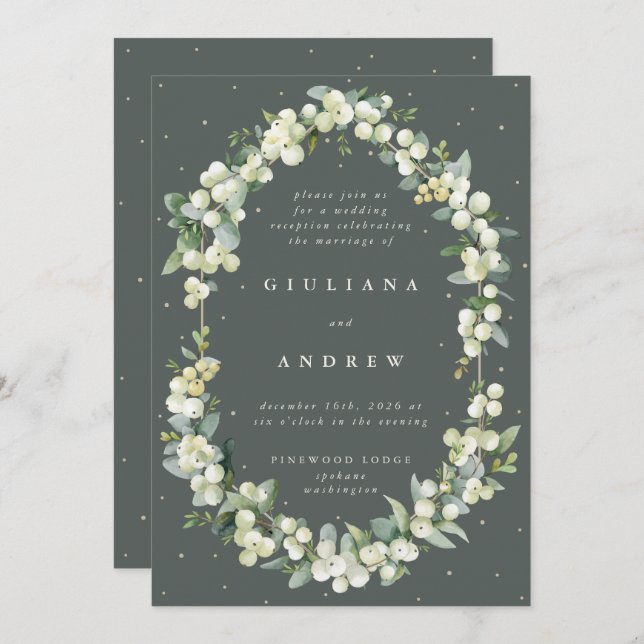 Green Snowberry+Eucalyptus Wedding Reception Only Invitation (Front/Back)