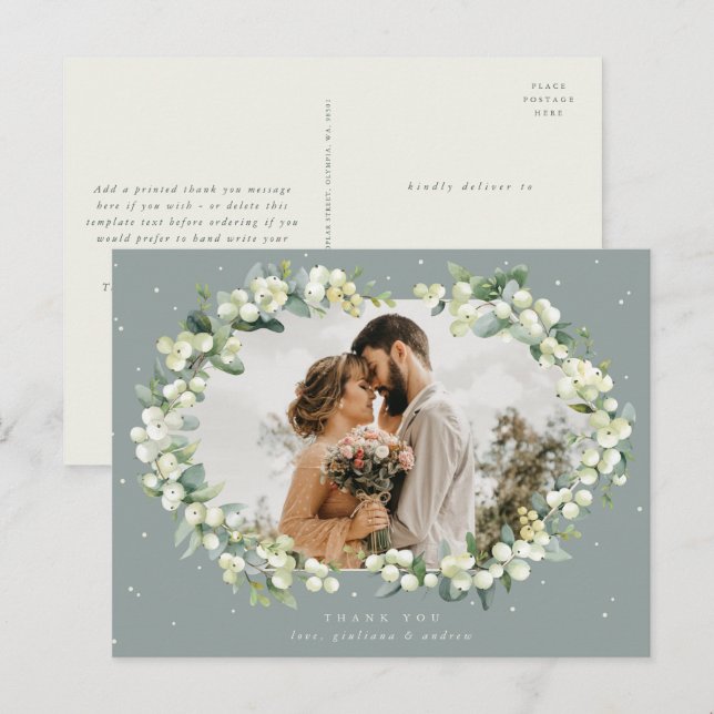 Green Snowberry+Eucalyptus Wedding Thank You Photo Postcard (Front/Back)