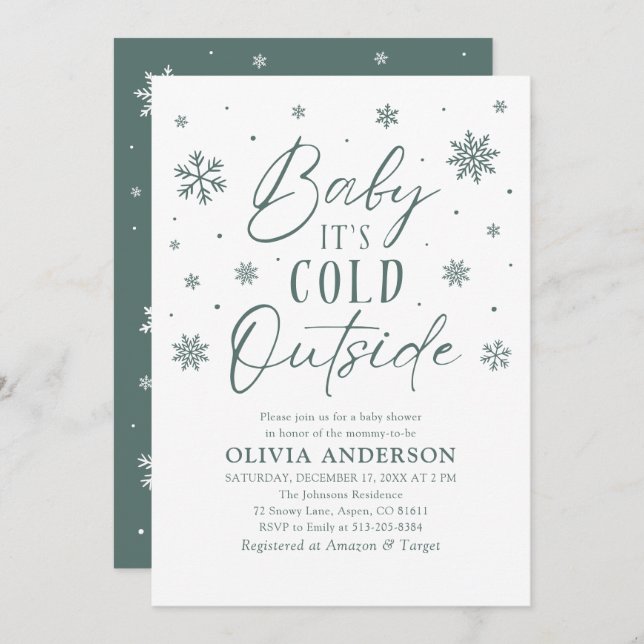 Green Snowflake Baby It's Cold Outside Baby Shower Invitation (Front/Back)