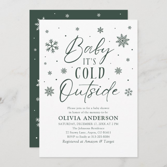 Green Snowflake Baby It's Cold Outside Baby Shower Invitation (Front/Back)