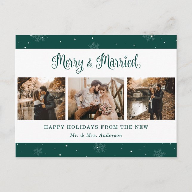Green Snowflake Botanical Newlywed Photo Holiday (Front)