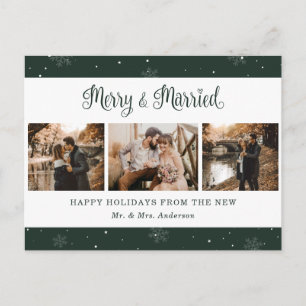 Green Snowflake Botanical Newlywed Photo Holiday Postcard