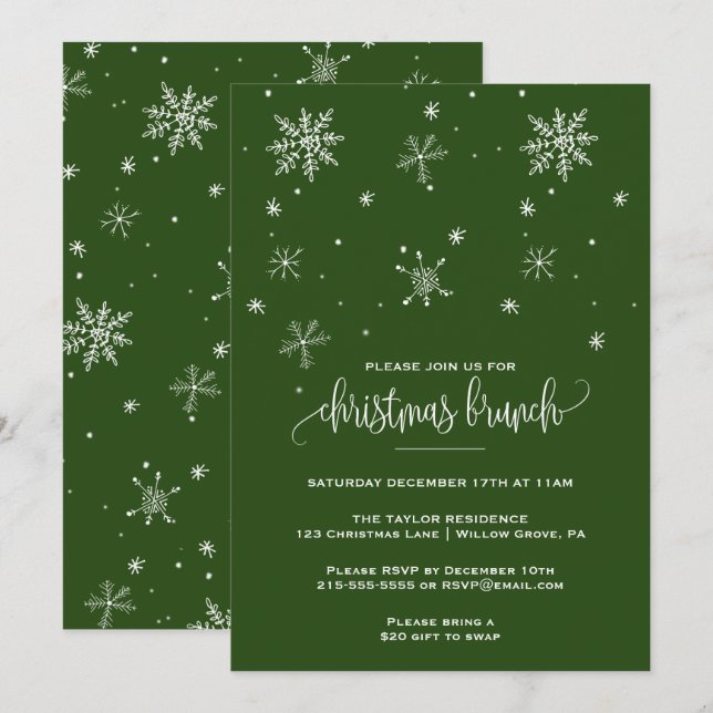 Green Snowflake Christmas Brunch Invitation (Front/Back)