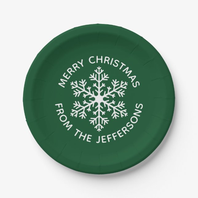 Green Snowflake Christmas Paper Plates (Front)