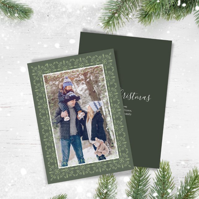 Green Snowflake Christmas Photo Classic Holiday Card (Green Christmas snowflake pattern with a simple grey background. )