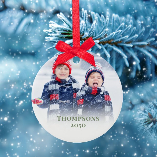 Green Snowflake Christmas Photo Custom Ceramic Tree Decoration (Christmas photo ornament with a full bleed photo template with red block style editable lettering.)