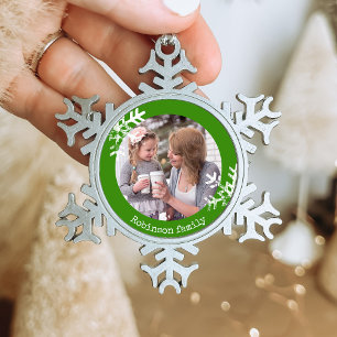Green Snowflake Custom Photo Monogram Pewter Christmas Ornament