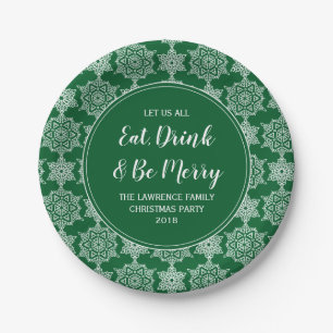 Green Snowflake Eat Drink Merry Christmas Party Paper Plate