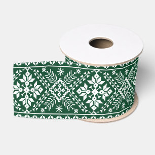 Green Snowflake & Floral Fair Isle Christmas Grosgrain Ribbon