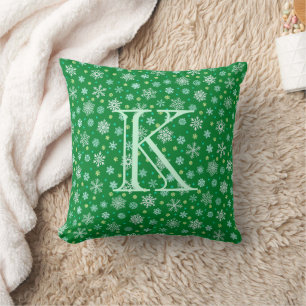 Green Snowflake Modern Elegant Typography Monogram Cushion